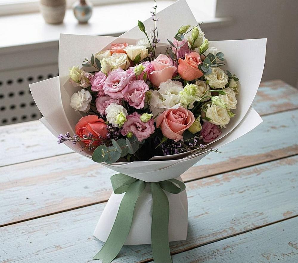 Букет цветов из: Розы, Лизиантусы и Гвоздики в Ивойлово