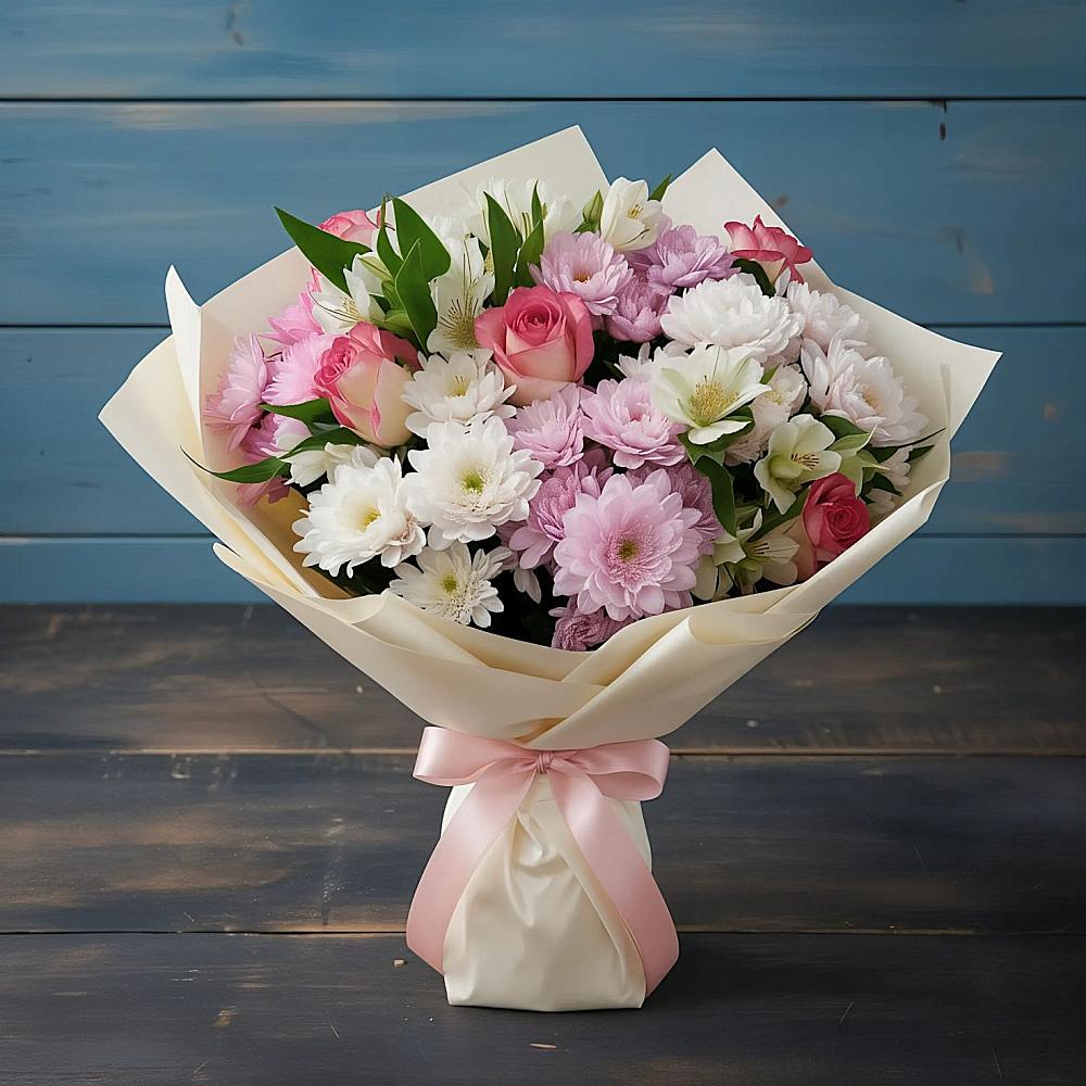 Букет цветов из: Хризантемы, Альстромерии и Розы в Ивойлово